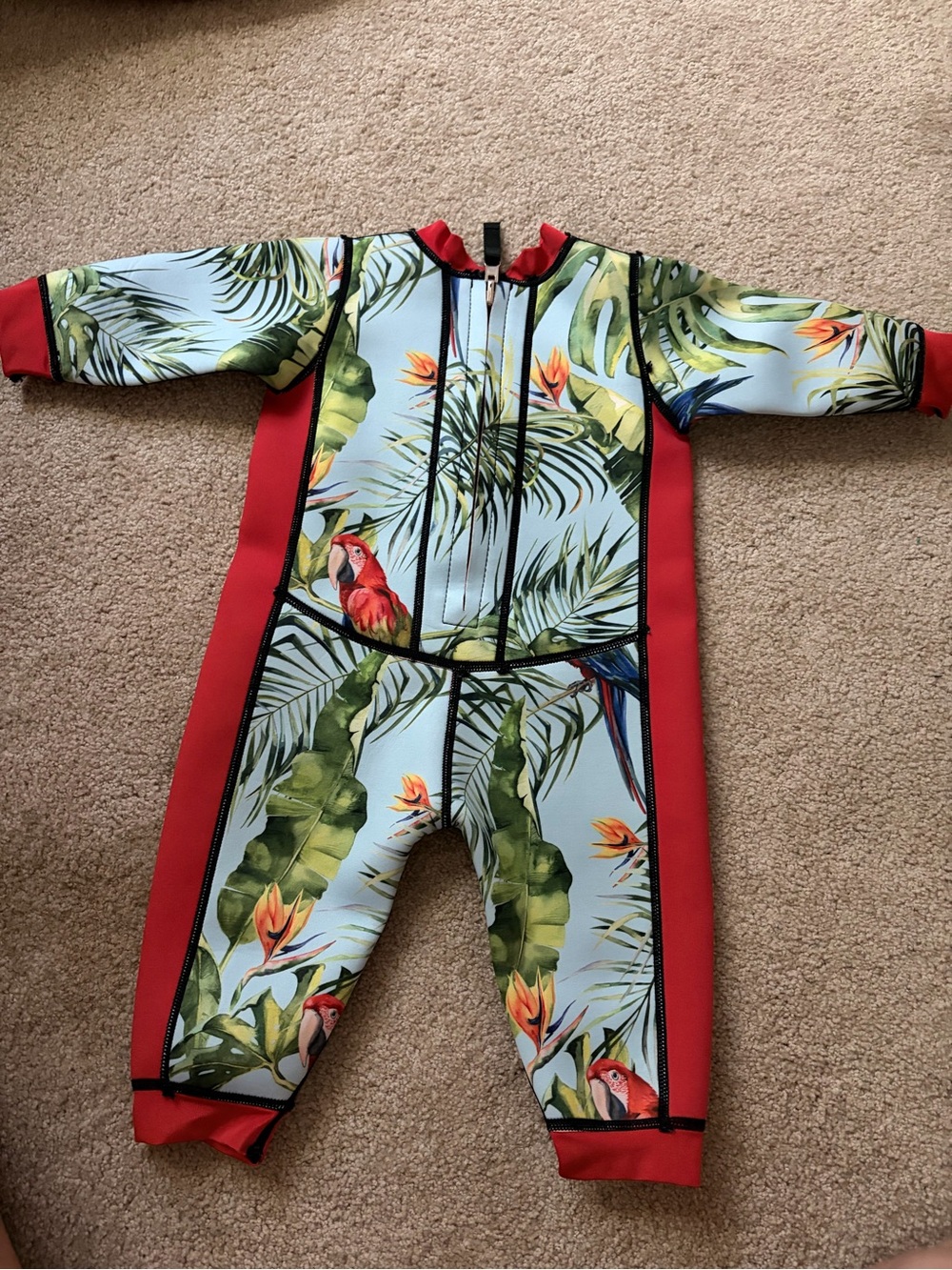 Aqua Tropical Parrot Print Long-Sleeve One Piece - Red Trim